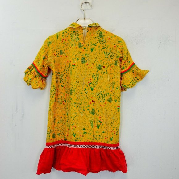 MAK Girl Yellow Red Mini Dress 12 13 Floral Pineapple Ruffle Lace Collared Mesh - Picture 10 of 12